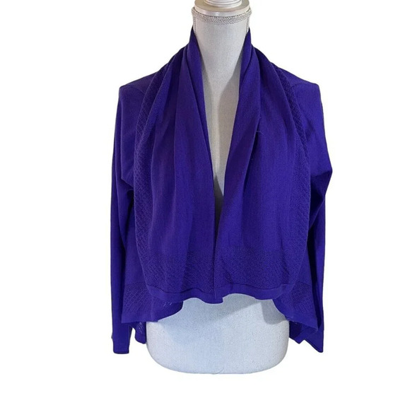 Elle Tahari Merino Wool Purple Open Cardigan Sweater Medium Crochet Trim Draped - Picture 1 of 9